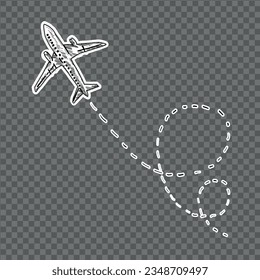 Ilustración del plano de viaje de avión volador con estilo vintage de Vector Retro Hand Drawn sobre fondo transparente Plano blanco y negro sobre el elemento de diseño del concepto de transporte. Turismo, vacaciones.