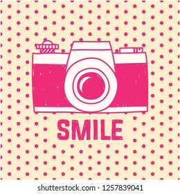 Vector retro hand drawn hipster photo camera isolated on polka dot background. Vintage illustration for design, print for t-shirt, poster, card. - Vector EPS 10