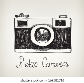 vector retro hand drawn hipster photo camera isolated, hand drawn doodle style