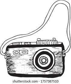 Cámara de fotos hipster de retroceso vectorial, aislado, estilo doodle dibujado a mano