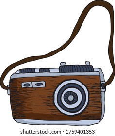 Vector retro hand drawn hipster photo camera isolated, hand drawn doodle style