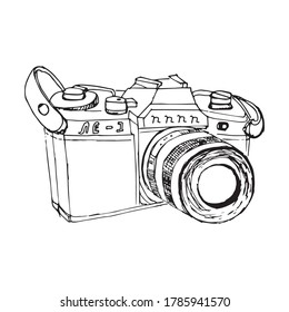 vector retro hand drawn hipster photo camera isolated, hand drawn doodle style