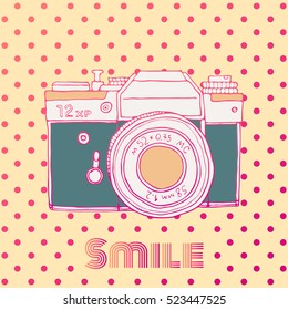 Vector retro hand drawn hipster photo camera isolated on polka dot background. Vintage illustration for design, print for t-shirt, poster, card.