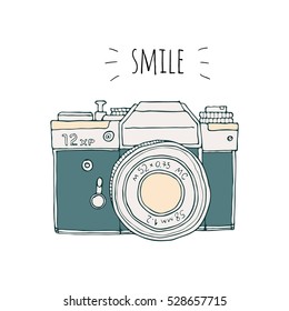 Vector retro hand drawn hipster photo camera isolated on white background. Vintage illustration for design, print for t-shirt, poster, card. Smile.