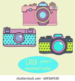 Vector retro hand drawn hipster photo camera set. Vintage illustration for design, print for t-shirt, poster, card.