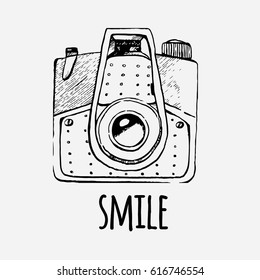 Vector retro hand drawn hipster photo camera. Vintage illustration for design, print for t-shirt, poster, card.