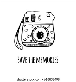 Vector retro hand drawn hipster photo camera. Vintage illustration for design, print for t-shirt, poster, card.