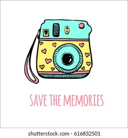 Vector retro hand drawn hipster photo camera. Vintage illustration for design, print for t-shirt, poster, card.
