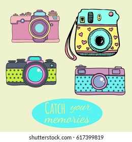 Vector retro hand drawn hipster photo camera set. Vintage illustration for design, print for t-shirt, poster, card.