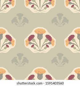 Vector Retro Hand Drawn Meadow Florals Symmetrical Design seamless pattern background.