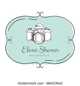 Vector retro hand drawn photo camera with vintage turquoise frame. Logotype template 
