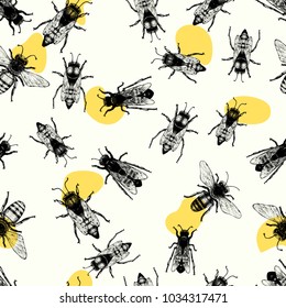 Vector retro hand drawn seamless vector pattern with crawling bees. Vintage style. Inteligent illustration