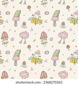 Vector retro hand drawn seamless pattern with groovy mushrooms, flowers, eyes doodle style