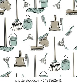 Vector retro hand drawn seamless pattern background of cleaning equipment, mop, bucket, broom, dustpan and brush, duster. Spring clean chores elements in vintage line art sketch style all over print.
