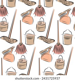 Vector retro hand drawn seamless pattern background of cleaning equipment, mop, bucket, broom, dustpan and brush, duster. Spring clean chores elements in vintage line art sketch style all over print.
