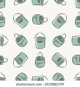 Vector retro hand drawn seamless pattern background of cleaning buckets. Blue white backdrop of watering tools. Spring clean chores elements in vintage line art sketch style all over print