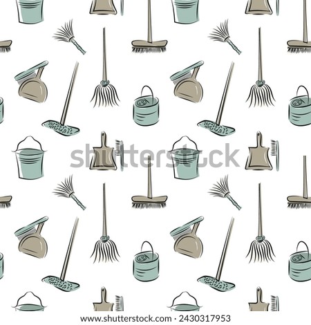 Vector retro hand drawn seamless pattern background of cleaning equipment, mop, bucket, broom, dustpan and brush, duster. Spring clean chores elements in vintage line art sketch style all over print.