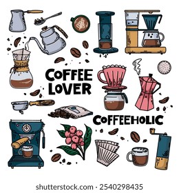 Vector retro hand drawn set of coffee aestetics: tools for coffee making accessories for classic and alternative methods of brewing coffee, beans, lettering. 