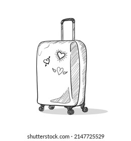 Vector Retro Hand Drawn Traveling Baggage Vintage Style Travel bag Luggage illustration isolated on white background Baggage business concept Carry-on luggage or cabin luggage flat icon travel concept