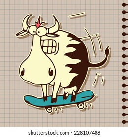 Vector Retro Hand-Drawn Cartoon Set: Cow Skateboarding