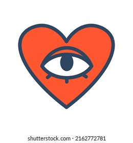 Vector retro heart with eye. Groovy heart. 70s.