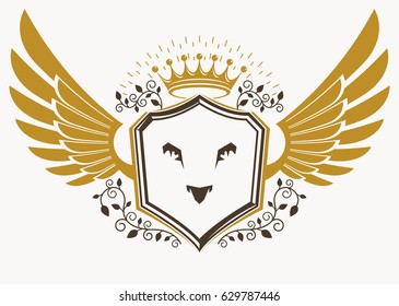 Vector retro heraldic template created using eagle wings and made using vintage elements like royal crown and wild lion illustration