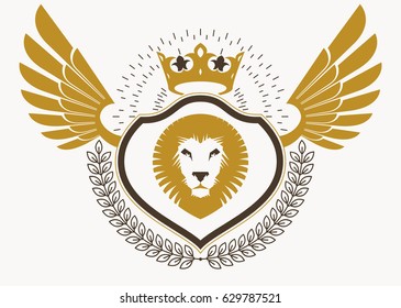 Vector retro heraldic template created using eagle wings and made using vintage elements like royal crown and wild lion illustration