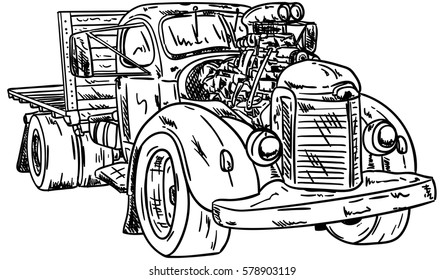 Vector - retro, hot-rod with big motor , isolated on background