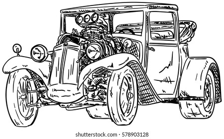 Vector - retro, hot-rod with big motor , isolated on background