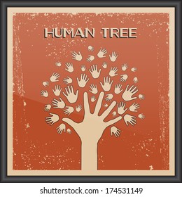 Vector Retro Human hands tree. Concept of community, group, friendship, solidarity, network, family. Texture effects, frame, glass and text can be turned off.