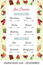 Vector retro ice cream menu. Vintage flyer price list for ice cream shop with flavours and drinks. Printable template
