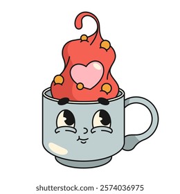 Vector retro icon of cup with heart. Loving romantic beverage sign. Romantic caring and love, affection and kindness, warmth and harmony, humanity and relationship. Lover symbol with facial expression