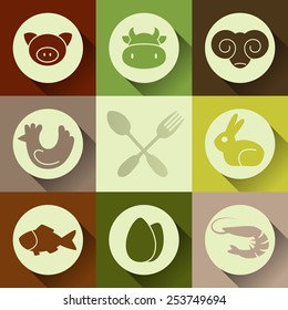 Vector retro icon with meat and fish