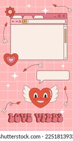 Vector retro Ig stories template for Valentines day. Vintage frame for text 90s y2k. Love and romance background with hearts and stars. Social media design. Vaporwave browser window and hearts.