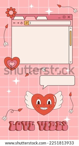 Vector retro Ig stories template for Valentines day. Vintage frame for text 90s y2k. Love and romance background with hearts and stars. Social media design. Vaporwave browser window and hearts.