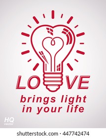 Vector retro illumination conceptual icon, love theme emblem. Electricity light bulb symbol isolated on white background. Romantic idea design element. Love brings light in your life.