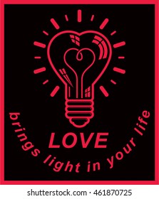 Vector retro illumination conceptual icon, love theme emblem. Electricity light bulb symbol isolated on white background. Romantic idea design element. Love brings light in your life.