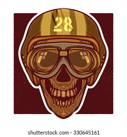 vector retro illustration of biker skull head wearing Vintage motorcycle helmet
