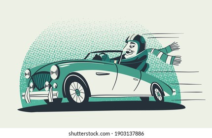 vector retro illustration - cartoon pilot driving a vintage rally car racing