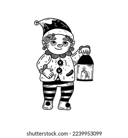 Vector retro illustration for Christmas. Cute little elf with lantern. Cartoon character is happy to help Santa