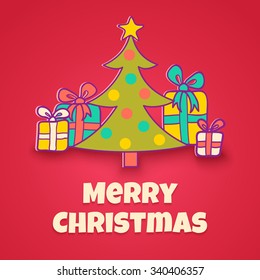 vector retro illustration of a christmas tree and gifts
