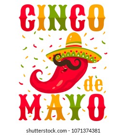 Vector retro illustration for Cinco de Mayo with chilli pepper. Chili pepper in sombrero.