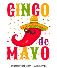 Vector retro illustration for Cinco de Mayo with chili pepper. Chili pepper in sombrero.