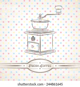 Vector retro illustration of the coffee grinder against polka dot background