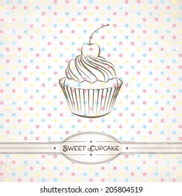 Vector retro illustration of the cupcake against polka dot background