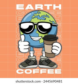 Vector retro Illustration of Earth holding a coffee cup