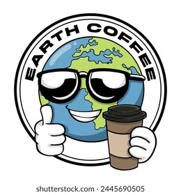 Vector retro Illustration of Earth holding a coffee cup