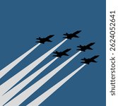 Vector Retro illustration of five military fighter jets flying in tight formation, leaving bold contrails across a blue sky. Ideal for aviation, air force, military themes, and patriotic design 