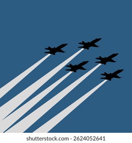 Vector Retro illustration of five military fighter jets flying in tight formation, leaving bold contrails across a blue sky. Ideal for aviation, air force, military themes, and patriotic design 