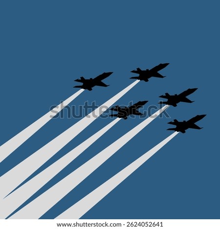 Vector Retro illustration of five military fighter jets flying in tight formation, leaving bold contrails across a blue sky. Ideal for aviation, air force, military themes, and patriotic design 